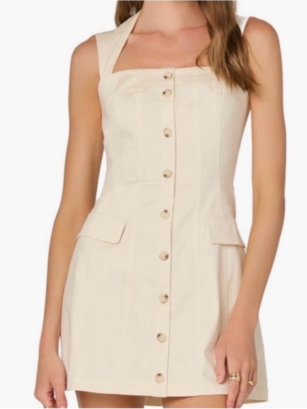 Astr Cream Button-Front Mini Dress with Flap Pockets